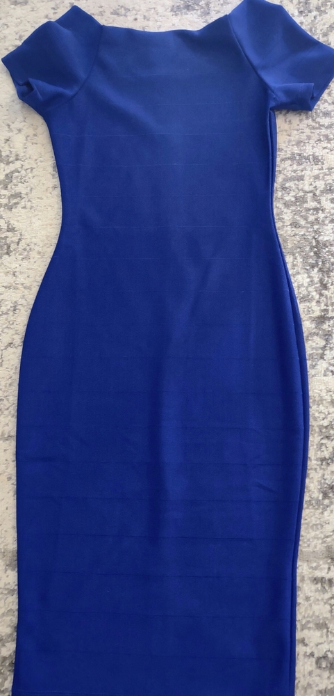 Blue fitted off the shoulder dress